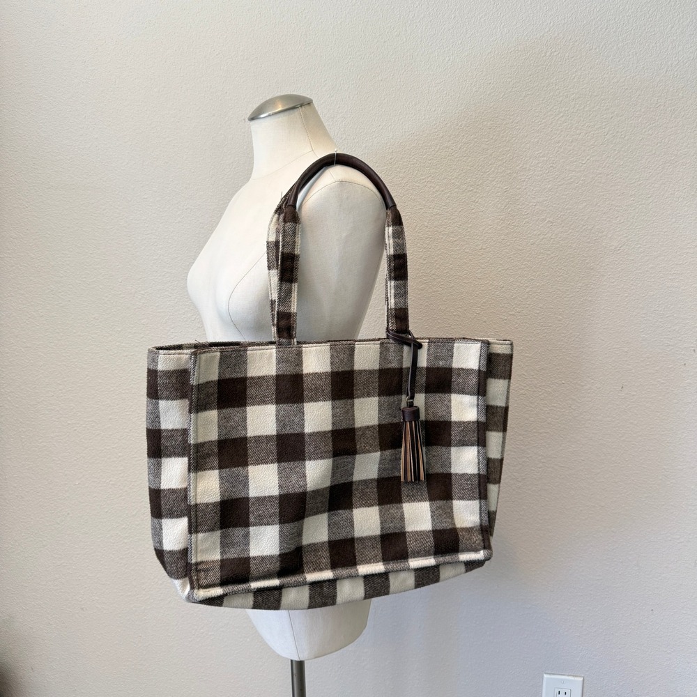 Sonoma Goods for Life Brown Buffalo Plaid Flannel Tote Bag with Tassel Charm